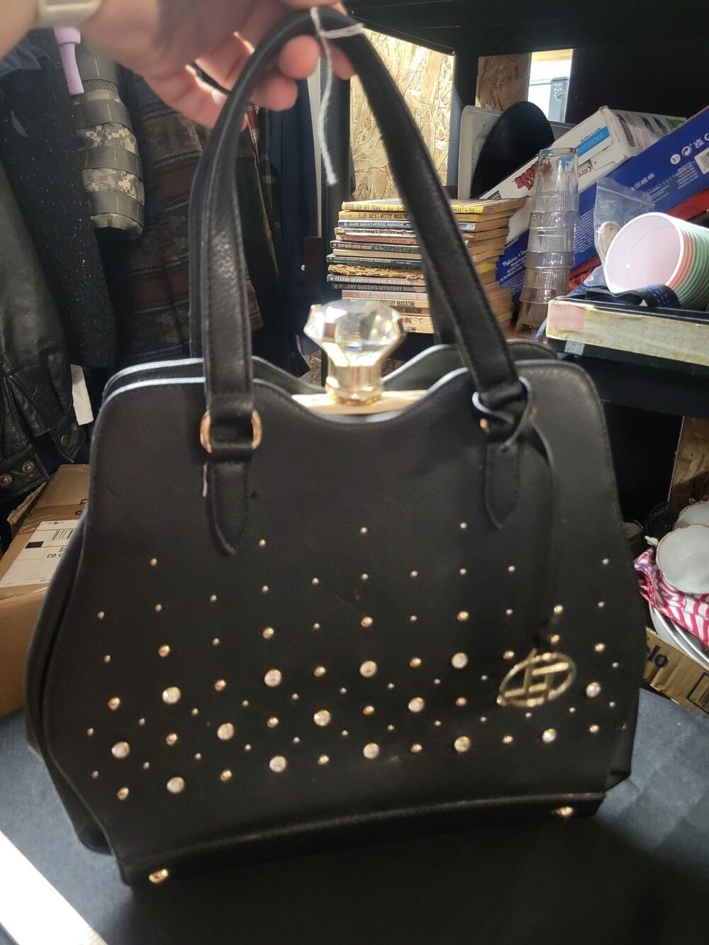 Black Studded Purse Tote Bag With Large Faux Diamond Closure Clasp